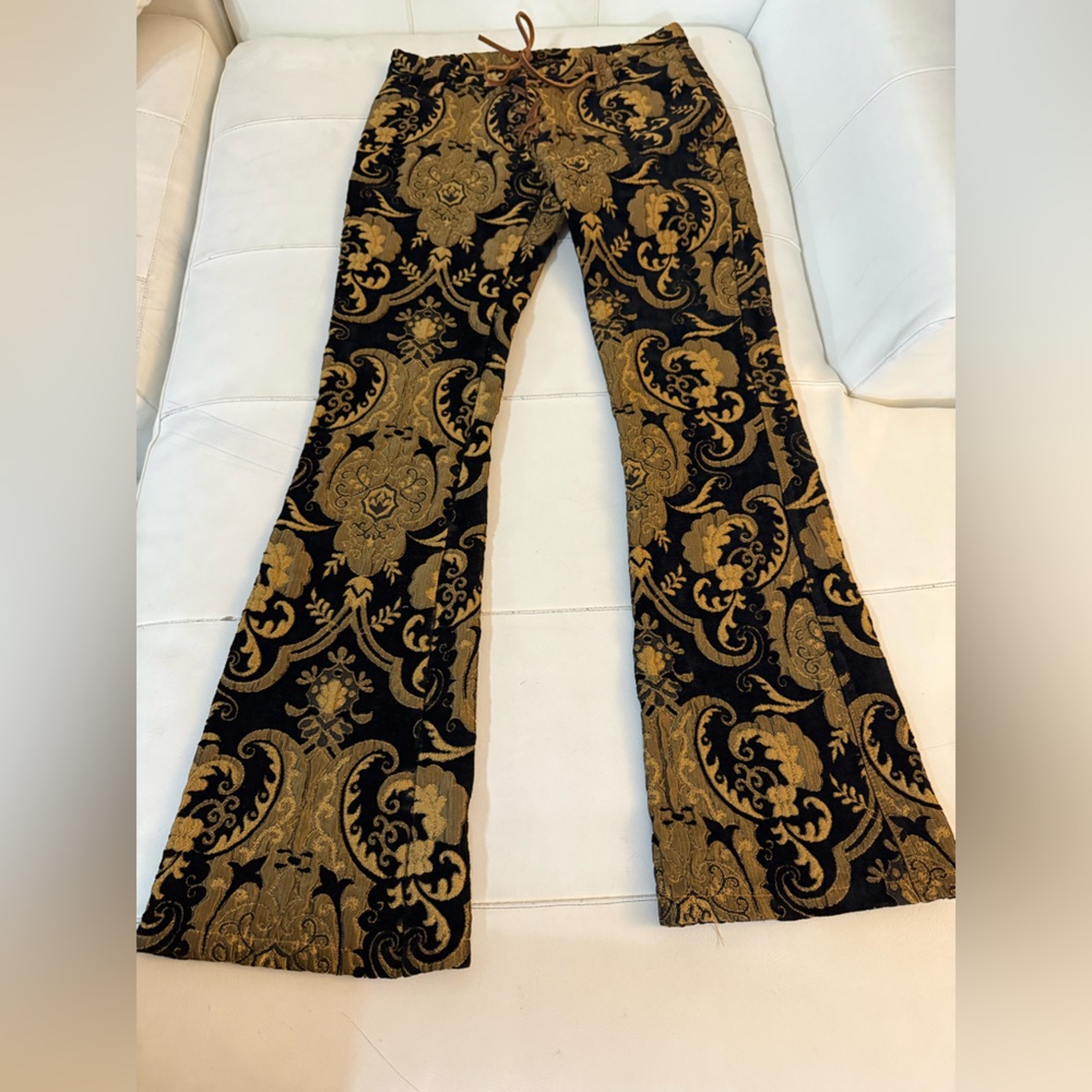 Vintage Y2K Black and Gold Bronze flare low rise brocade velvet Pants small